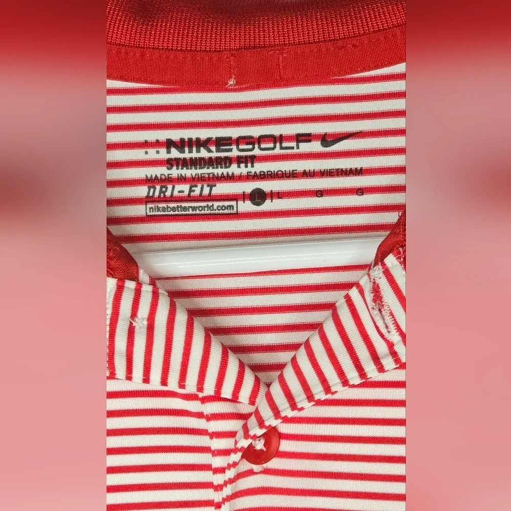 Mens Red and White Stripe Nike Dri-Fit Polo Style Shirt Size Large